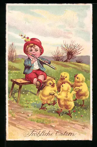 AK Junge spielt Querflöte, Osterküken tanzen Ringelreihen