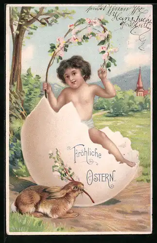 AK Kind mit Blütenkranz steigt aus dem Osterei mit Osterhase