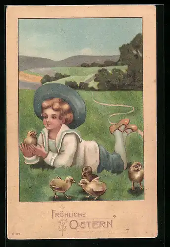 AK Junge mit Osterküken auf der Wiese