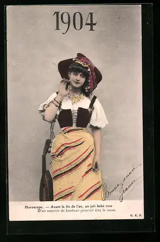 AK Dame in Tracht mit Laute, Jahreszahl 1904, Horoscope