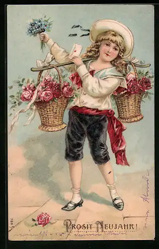 AK Neujahrsgruss mit Blumenmädchen