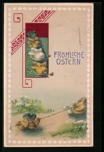 AK Fröhliche Ostern, Osterküken beim Seilziehen