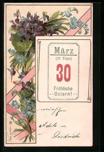 AK Kalenderblatt zu Ostern, Veilchen und Vergissmeinnicht