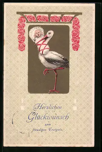 AK Glückwunsch zum freudigen Ereignis, Storch mit Neugeborenem, Geburt