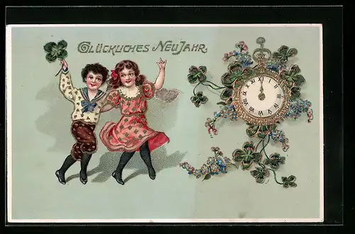 AK Paar mit Kleeblättern und Uhr zu Mitternacht