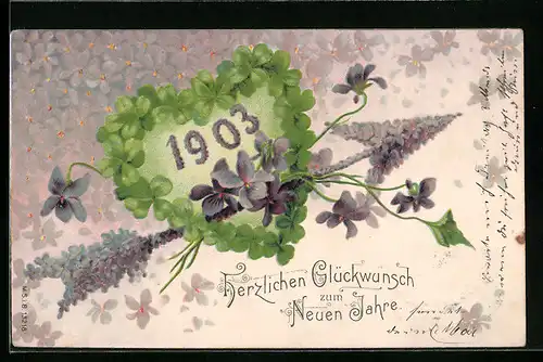 AK Jahreszahl 1903 in Kleeblatt-Herz mit Veilchen-Pfeil