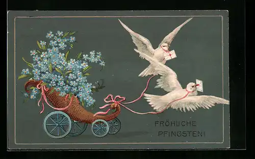 AK Tauben ziehen Blütenwagen
