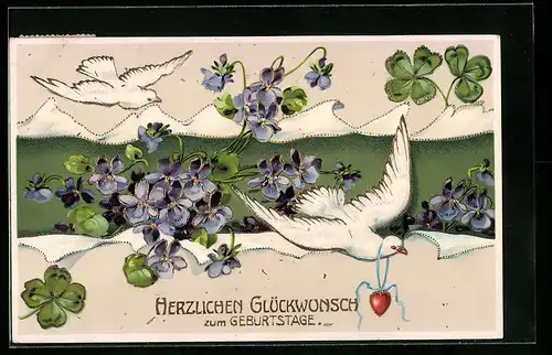 AK Glückwünsche zum Geburtstag, Kleeblätter und Veilchen