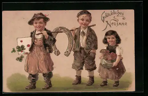 AK Kinder gratulieren mit Klee, Hufeisen und Pilz zu Neujahr