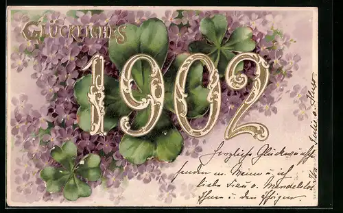 AK Neujahr 1902 mit Kleeblättern und Veilchen