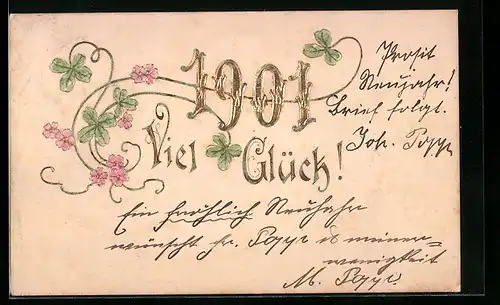 AK Jahreszahl 1901 mit Blüten und Kleeblättern