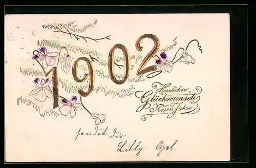 AK Glückwunsch zum neuen Jahr, Zweige, Blüten und goldene Jahreszahl 1902