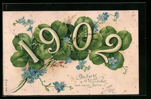 Lithographie Glückwunsch zum Jahreswechsel, Jahreszahl 1902 auf Klee
