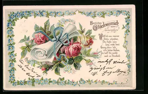 AK Glückwunsch zum Namenstag mit Brief und Rosen