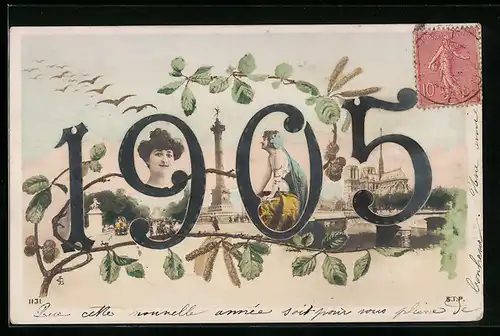 AK Jahreszahl 1905 mit Frauenportraits, Ortspartie