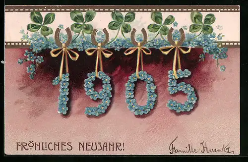 AK Jahreszahl mit Blumen und Kleeblättern, Neujahrsgruss 1905