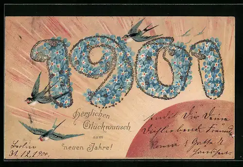 AK Jahreszahl 1901 aus Vergissmeinnicht, Glitzer