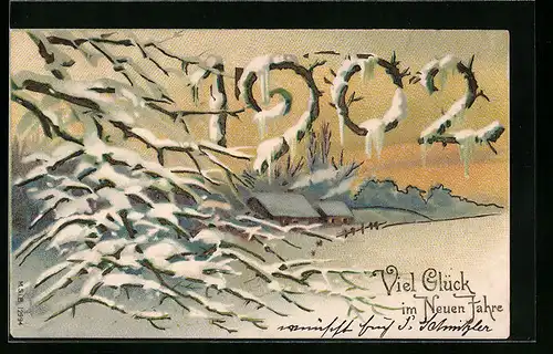 AK Neujahrsgruss, Jahreszahl 1902 aus verschneiten Zweigen