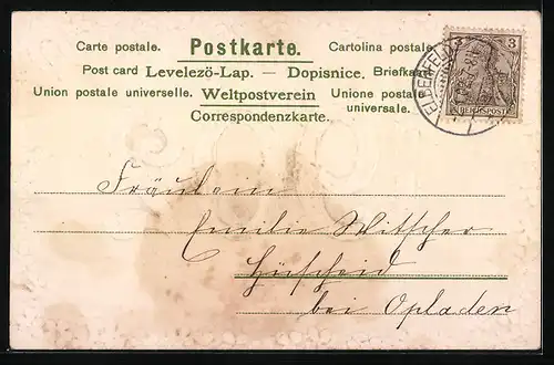Lithographie Glückliches 1902, Jahreszahl und Veilchen