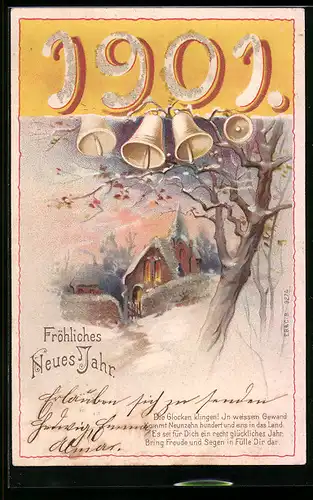 AK Jahreszahl 1901, Kirche im Winter, Glitzer-Perlen