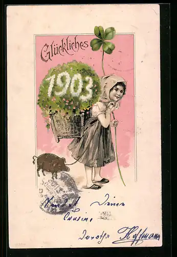 AK Glückliches Neujahr 1903, Kind mit Glücksschwein