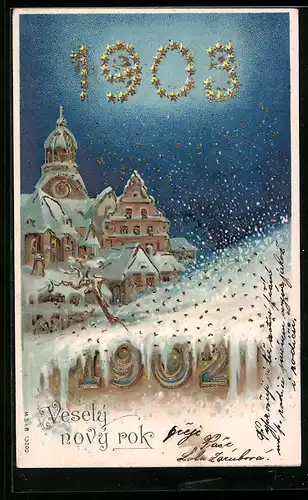AK Neujahrsgruss, Jahreszahl 1903, Verschneites Stadtidyll