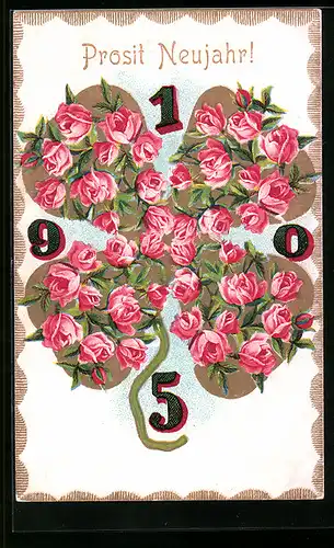 AK Prosit Neujahr, Jahreszahl 1905, Rosen im Kleeblatt-Motiv
