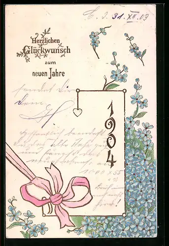 AK Jahreszahl 1904 mit Schleife und kleinem Herz, Vergissmeinnicht