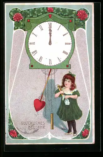 AK Mädchen läutet die Uhr zu Mitternacht mit Herz