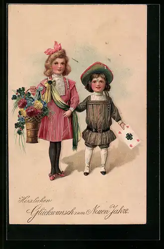 AK Kinder gratulieren mit Blumenkorb zum neuen Jahre, Brief mit Kleeblatt