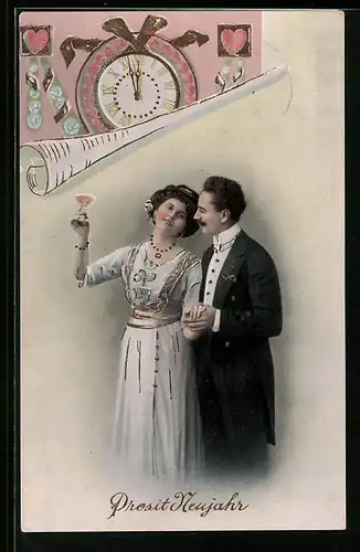 AK Prosit Neujahr, Herzen neben Uhr zu Mitternacht, Liebespaar