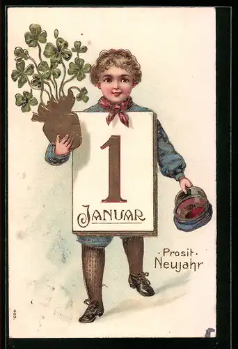 AK Junge mit Kalenderblatt und Kleeblättern im Topf