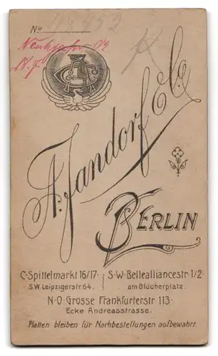 Fotografie A. Jandorf & Co., Berlin, Spittelmarkt 16-17, Bellealliancestr. 1-2, Junge Dame in modischer Kleidung