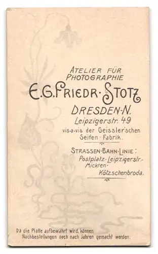 Fotografie E. G. Fr. Stotz, Dresden-N., Leipzigerstrasse 49, Bürgerliche Dame mit Blume im taillierten Kleid