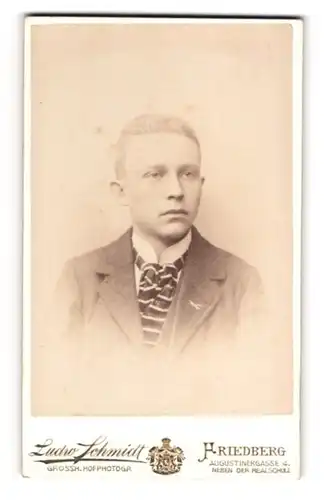 Fotografie Ludwig Schmidt, Friedberg, Augustinerstrasse 4, Junger Mann im Anzug mit Vogel-Anstecker