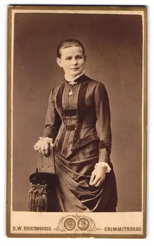 Fotografie G. W. Breitengross, Crimmitschau, Leipzigerstrasse, Junge Dame im taillierten Kleid