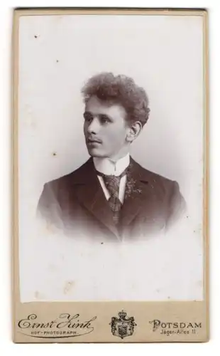 Fotografie Ernst Zink, Potsdam, Jäger-Allee 11, Junger Mann mit Lockenkopf und gemusterter Krawatte