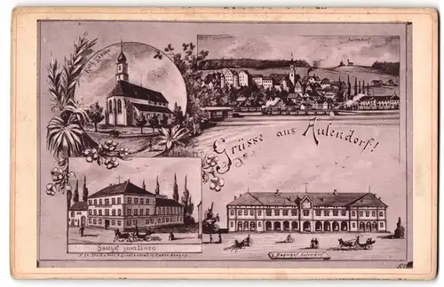 Fotografie H. Mader, Isny, Ansicht Aulendorf, Gasthof zum Löwen, Bahnhof, Kath. Kirche, Teilansicht der Stadt