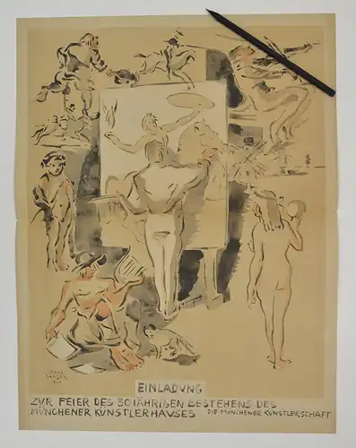 Handzeichnung Franz Naager, Einladung zur Feier des 30 Jährigen Bestehens des Münchner Künstlerhauses, 1930