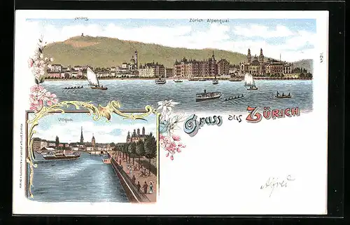 Lithographie Zürich, Alpenquai, Utoquai