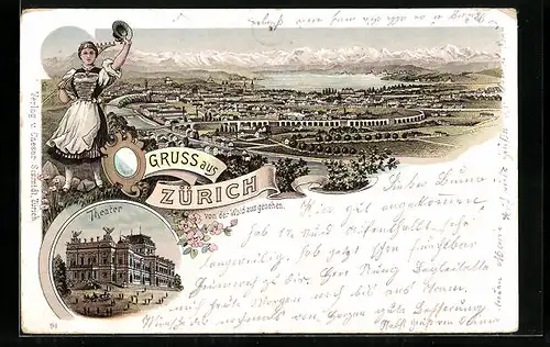 Lithographie Zürich, Teilansicht von der Waid aus gesehen, Theater