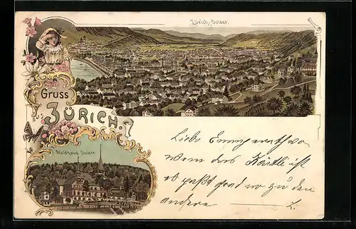 Lithographie Zürich-Dolder, Gasthaus Waldhaus Dolder, Teilansicht