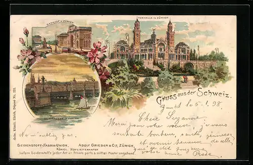 Lithographie Zürich, Tonhalle, Bahnhof, Quaibrücke