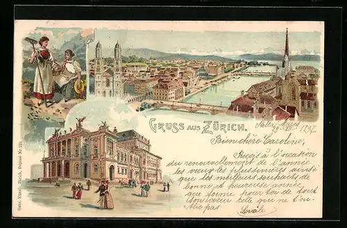 Lithographie Zürich, Teilansicht mit Brücke, Gebäudeansicht