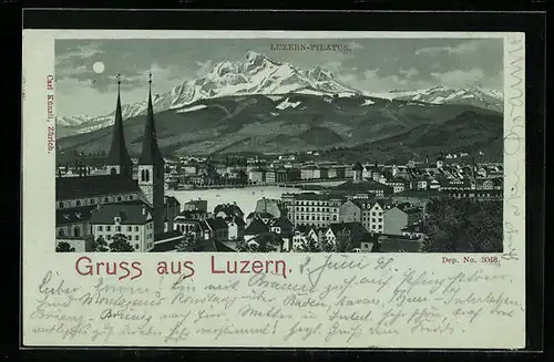 Mondschein-Lithographie Luzern, Teilansicht mit Pilatus