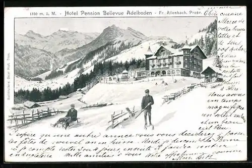 AK Adelboden, Hotel Pension Bellevue mit Schlittenfahrer im Winter