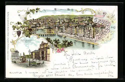 Lithographie Zürich, Teilansicht, Escherdenkmal mit Bahnhof