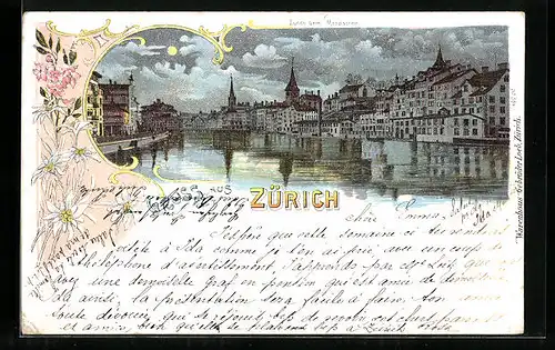 Lithographie Zürich, Uferpartie bei Mondschein