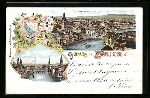 Lithographie Zürich, Gesamtansicht, Uferpartie mit Brücke
