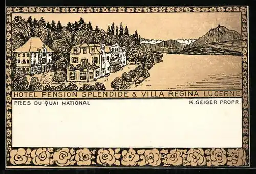 Künstler-AK Lucerne, Hotel Pension Splendide & Villa Regina